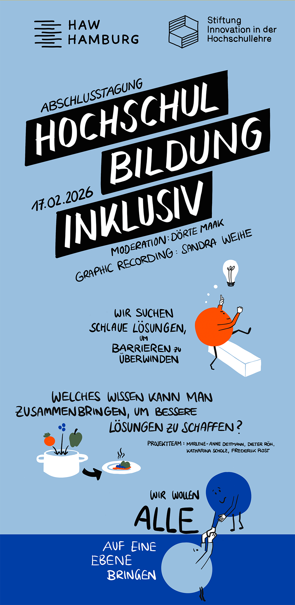 Einleitung Poster mit dem Titel „Abschlusstagung Hochschulbildung inklusiv“ und mehreren Illustrationen, darunter eine Figur mit Glühbirne über dem Kopf, ein Kochtopf mit Zutaten und zwei Figuren auf unterschiedlichen Ebenen.