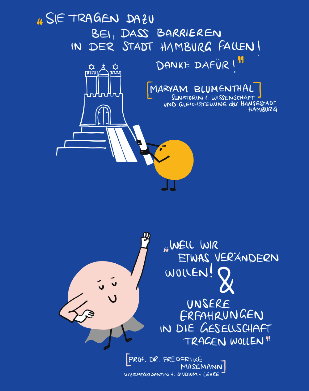 Zitate Grafik mit zwei Zitaten von zwei Rednerinnen sowie Illustrationen: eine Figur trägt ein Brett zu einer Rampe vor einem Gebäude, eine weitere Figur steht mit erhobener Faust und Umhang.